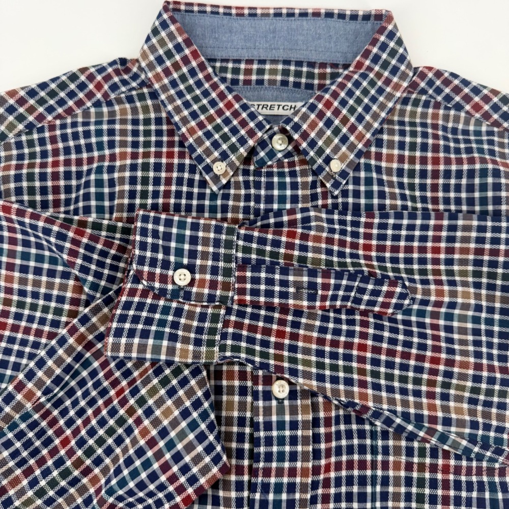 Haggar Mens Stretch Plaid Button Down Shirt Long Sleeve Navy Red Tan Size M